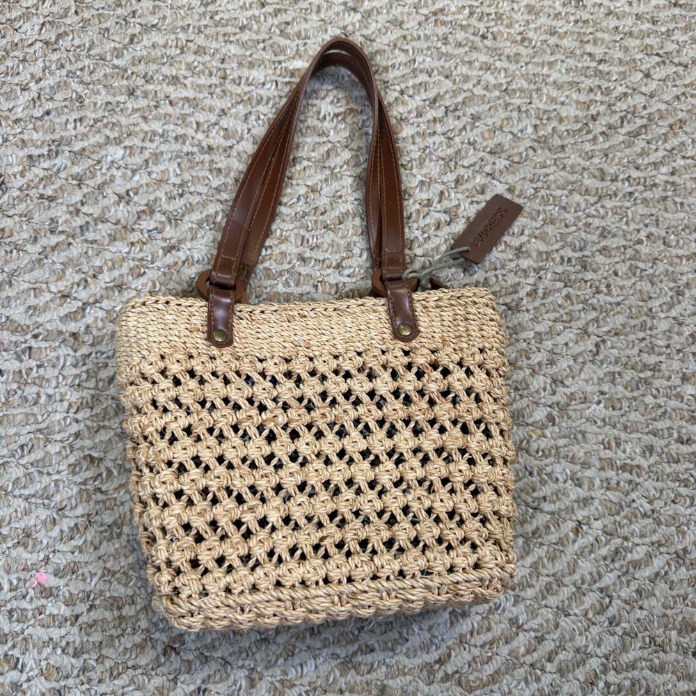 VTG Small Express Woven Straw Tote Bag Beige Leopard Print Lining Crochet Summer